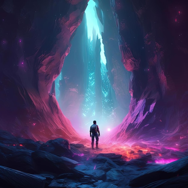 an illustration of a man in alien cave in space in the style of realistic lighting