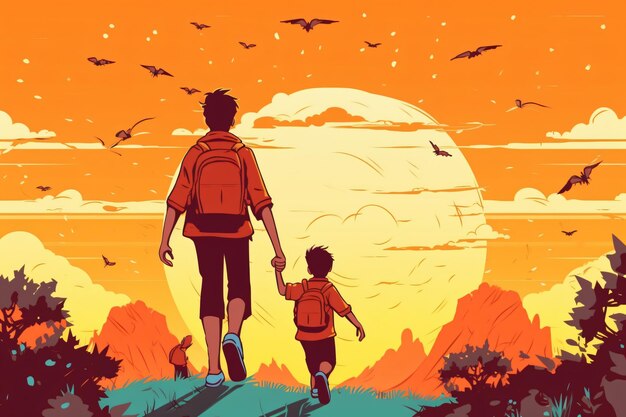 An illustration of a man and a boy walking in front of a mountain with a sunset in the background.