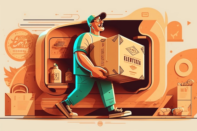 An illustration of a man carrying bags for delivery online shopping concepte web interface