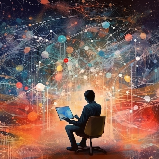 Illustration of a man at a computer with an abstract technology background