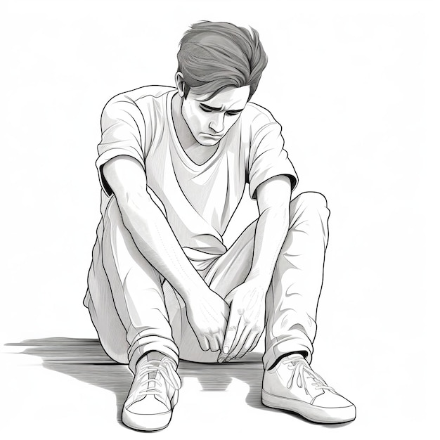 Photo illustration of man depressed close shot bw lineart white background