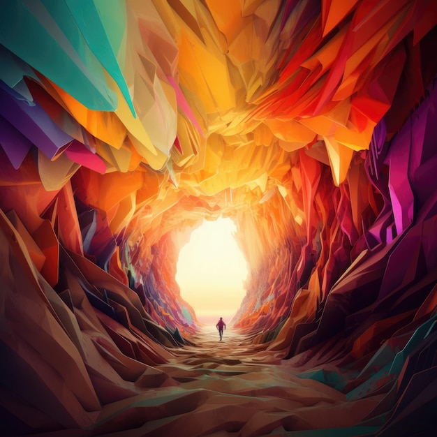 Illustration of a man exploring a vibrant and vivid cave created with Generative AI technology