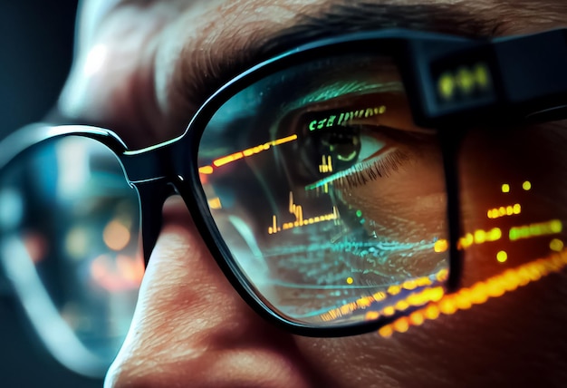 Illustration of man glasses close up looking at chart graph on the screen in data centre AI