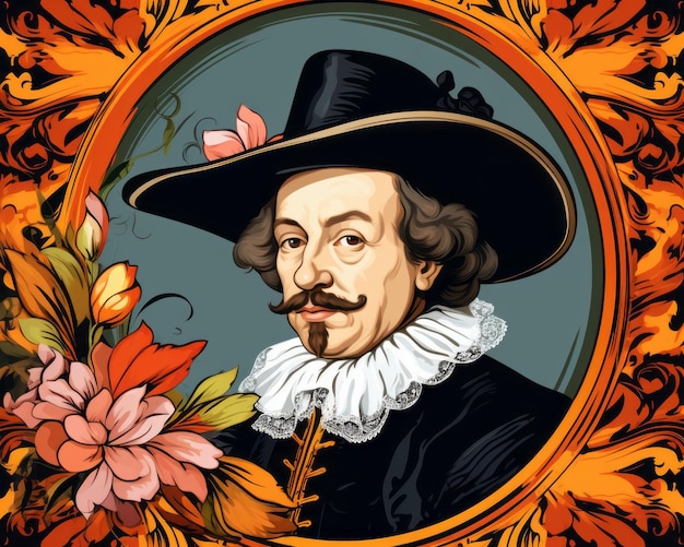 An illustration of a man in a hat with flowers