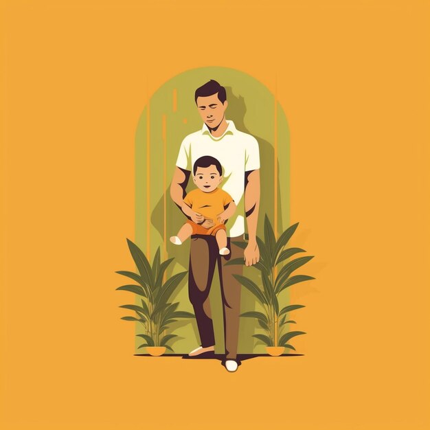 Illustration of a man holding a baby and a banana in his arms generative ai