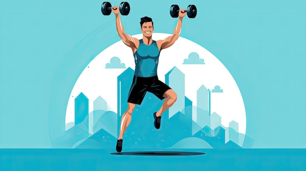 Illustration of a man lifting dumbbells demonstrating strength training and fitness workout routine Generative AI