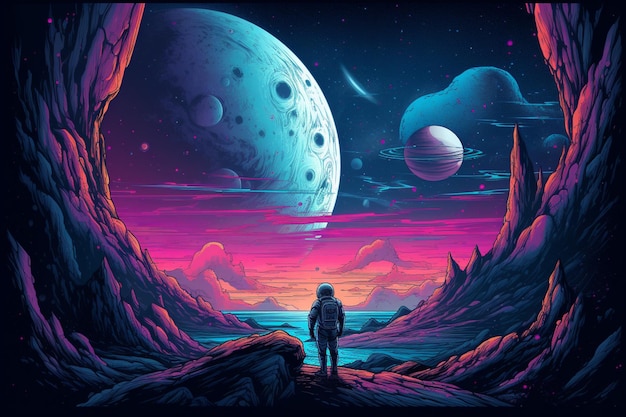 An illustration of a man looking at a planet with a planet in the background.