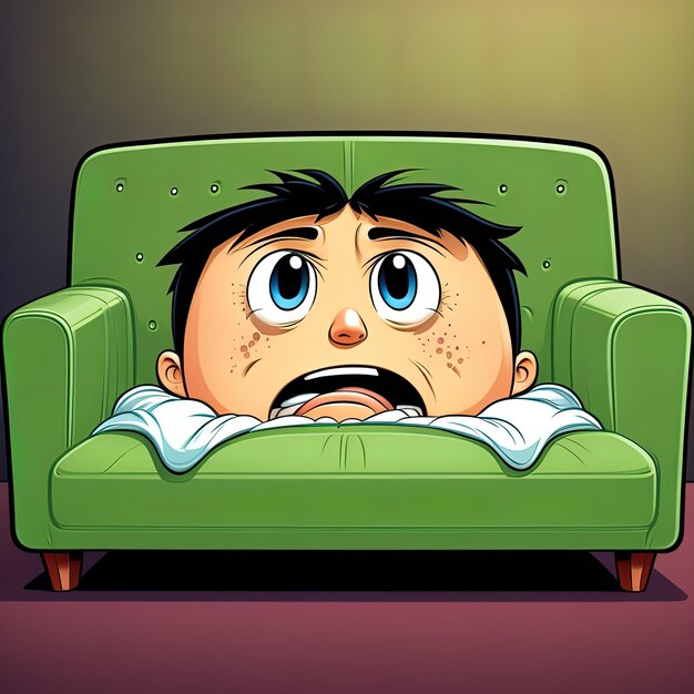 Photo illustration of a man lying on the sofacartoon sad little man lying on the couch