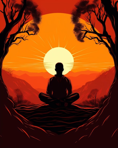 Illustration of a man meditating in meditation in a forest generative ai