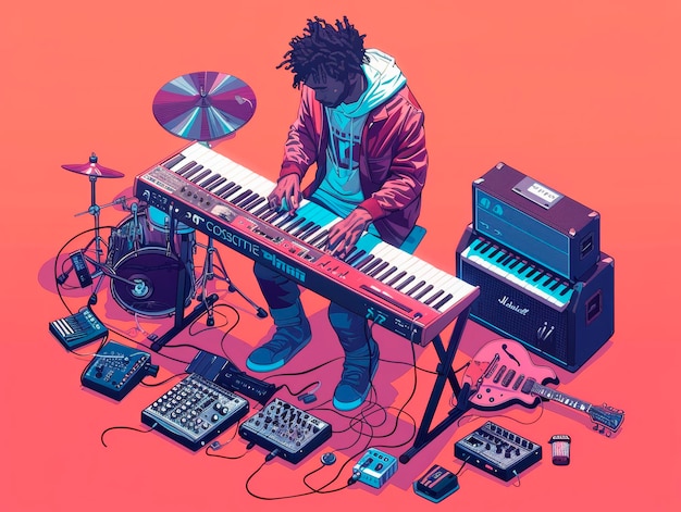 Photo an illustration of a man playing a keyboard surrounded by musical equipment on a red background depicting a creative concept generative ai