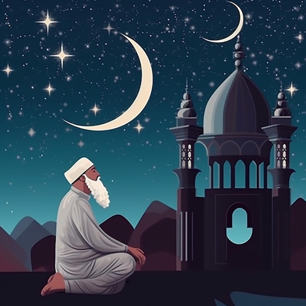 An illustration of a man praying under a starry sky.