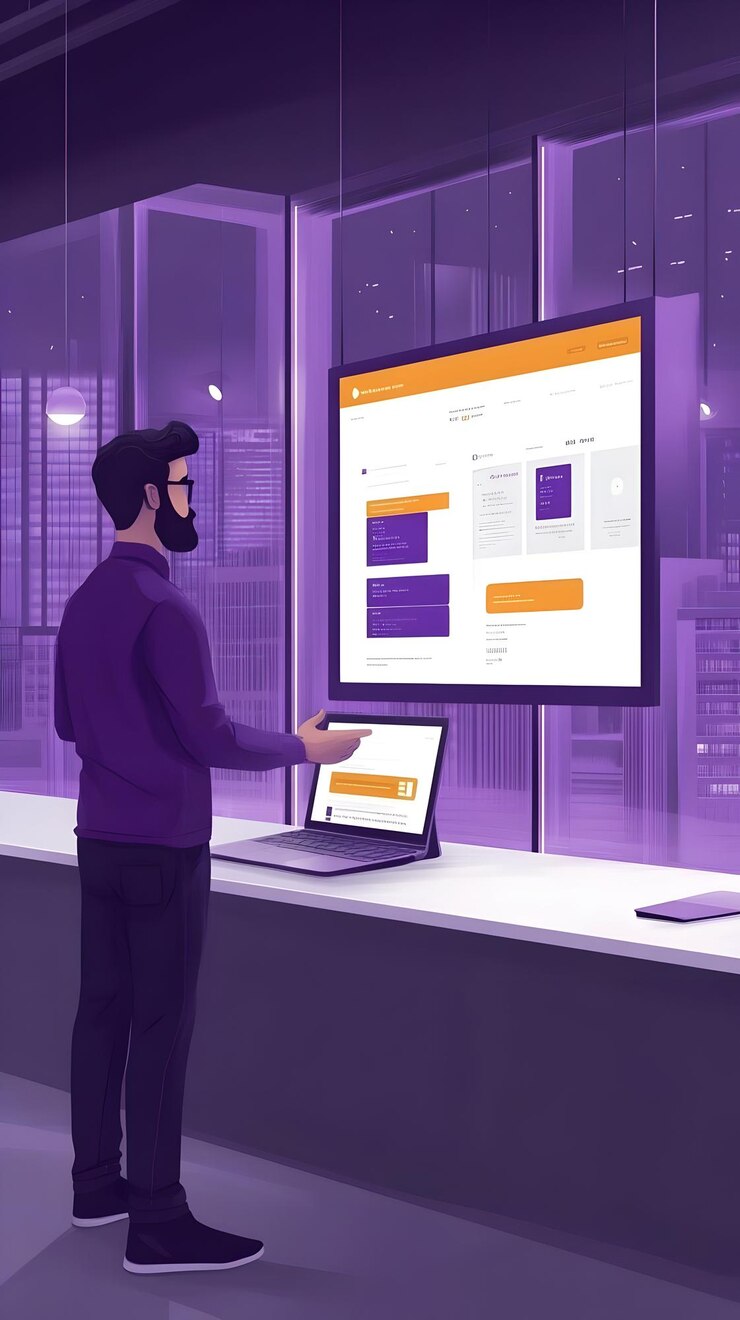 Photo illustration of man presenting data on laptop in modern office