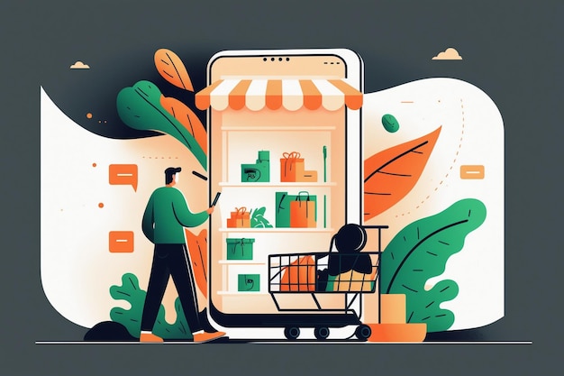 An illustration of a man pushing a shopping cart in front of a large smartphone.