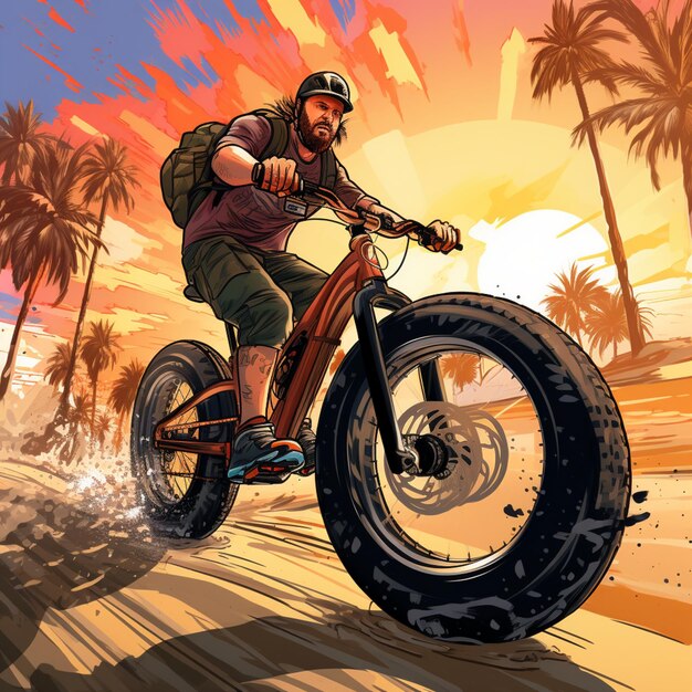 illustration of a man riding a bicycle along the beach