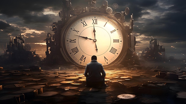 Photo illustration of a man sitting in hard times before a huge clock