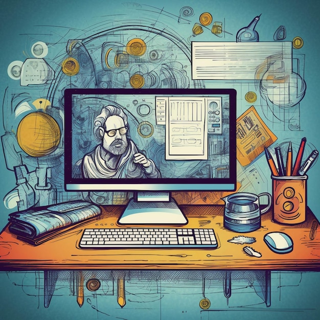 机に座ってコンピューターで作業している男性のイラスト