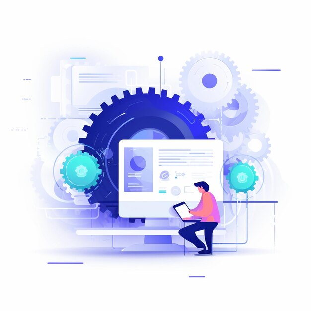 Illustration Of A Man Sitting On A Laptop With Gears And Gears In The Background