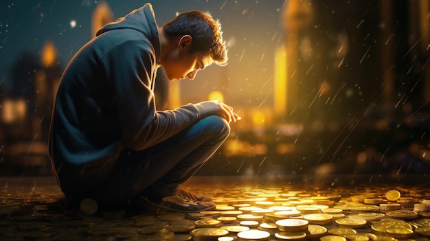 Illustration of a man sitting on a road full of gold coins feeling sad and hopeless