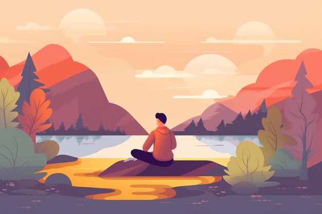 illustration of a man sitting on a rock in the middle of a lake generative ai