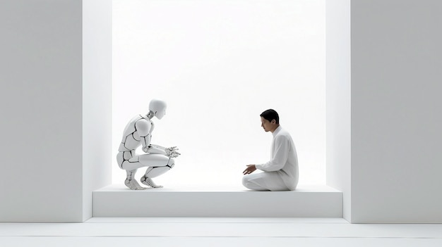 Illustration of a man sitting and talking with white AI robot