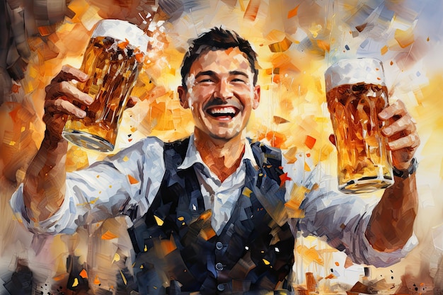 Illustration of man smiling and drinking beer at Oktoberfest