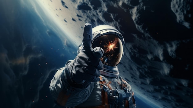 Illustration of a man in a space suit pointing at the Earth from outer space