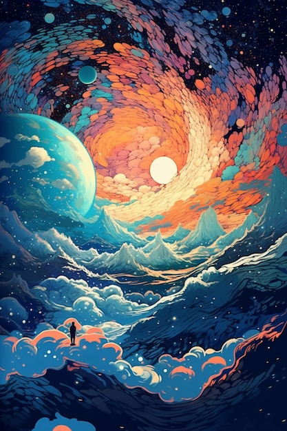 illustration of a man standing on a cliff looking at a planet generative ai