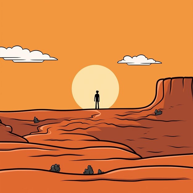 Photo illustration of a man standing on a desert with a sunset in the background generative ai