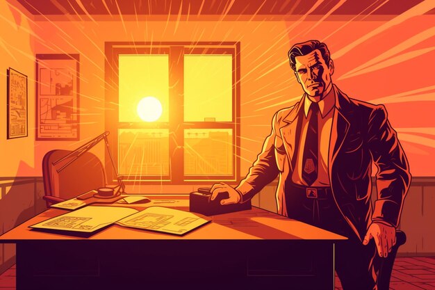 Illustration of a man standing in front of a desk with papers generative ai