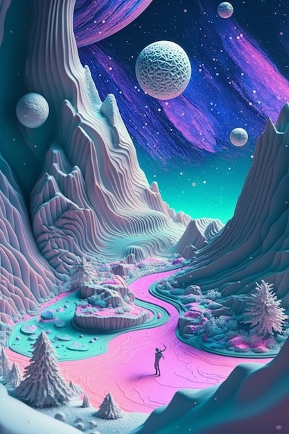 Иллюстрация человека, стоящего перед горой с планетами и генеративным искусственным интеллектом
