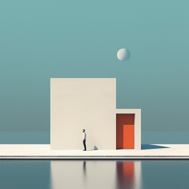 Иллюстрация человека, стоящего перед белым зданием с красной дверью, генерирующий искусственный интеллект