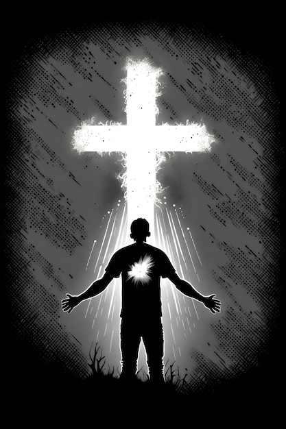 Иллюстрация человека, стоящего и смотрящего на крест с некоторым светом в центре его груди. Подходит для футболки, кружки, плаката, покрывала, подушки, чехла для телефона и других