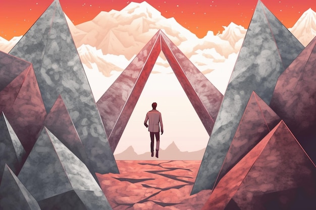 Illustration of a man standing in a mountain with a triangle in the middle generative ai