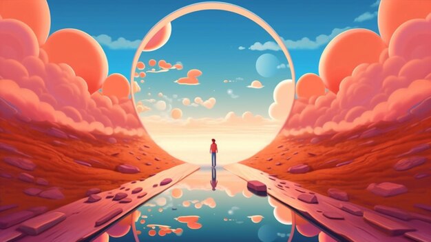 Illustration of a man standing in a surreal landscape with a rainbow generative ai