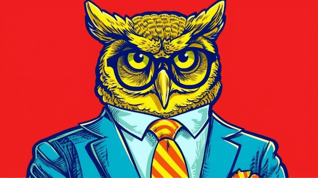 Illustration of a man in a suit with an owl on his head generative ai