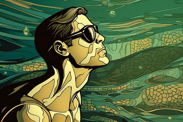 海の背景にサングラスをかけた男性のイラスト