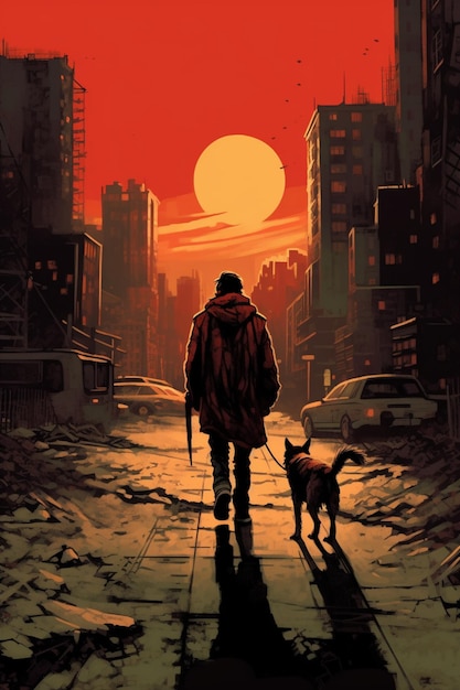 Illustration of a man walking a dog on a city street generative ai