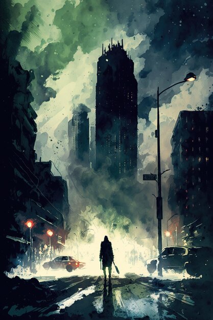 Illustration of a man walking on empty street city with buildings