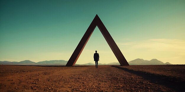 Photo illustration of man walking on penrose triangle surreal concept