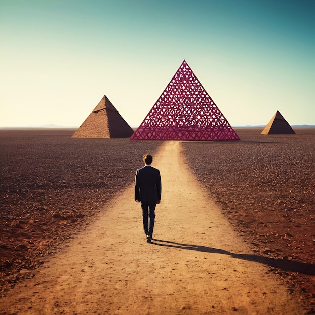 Photo illustration of man walking on penrose triangle surreal concept