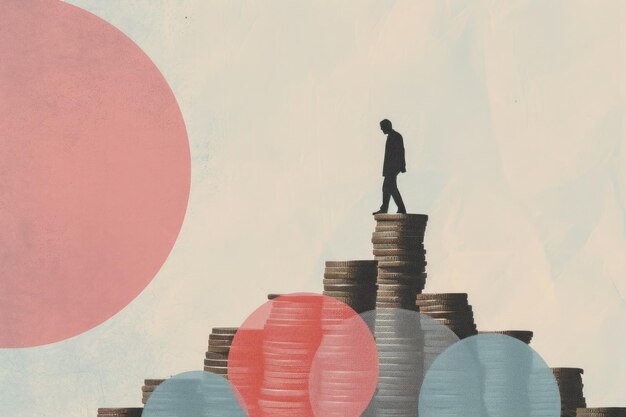 Photo an illustration of a man walking on a pile of coins money and finance concept