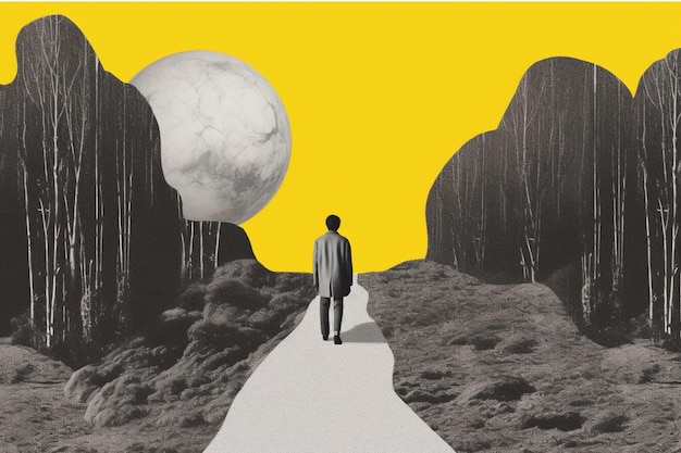 森の中の満月に向かって歩いている男性のイラスト