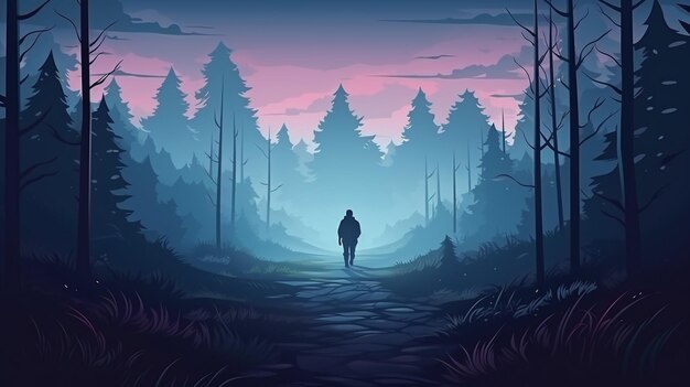 Illustration of a man walking in the woods at night generative ai