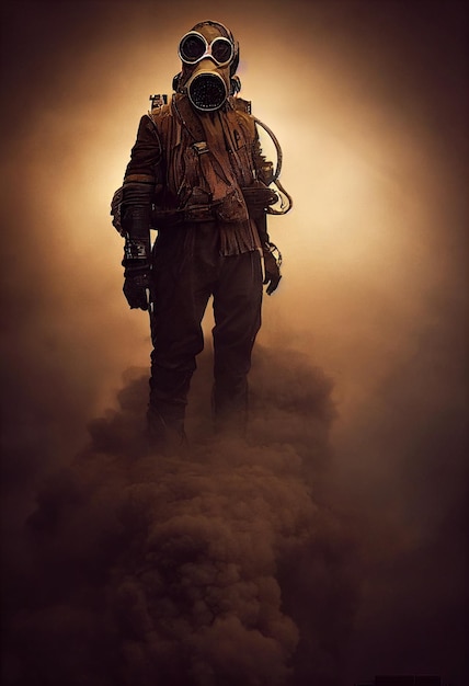 Illustration of man wearing elaborate gas mask post apocalyptic\
cinematic ai generated art