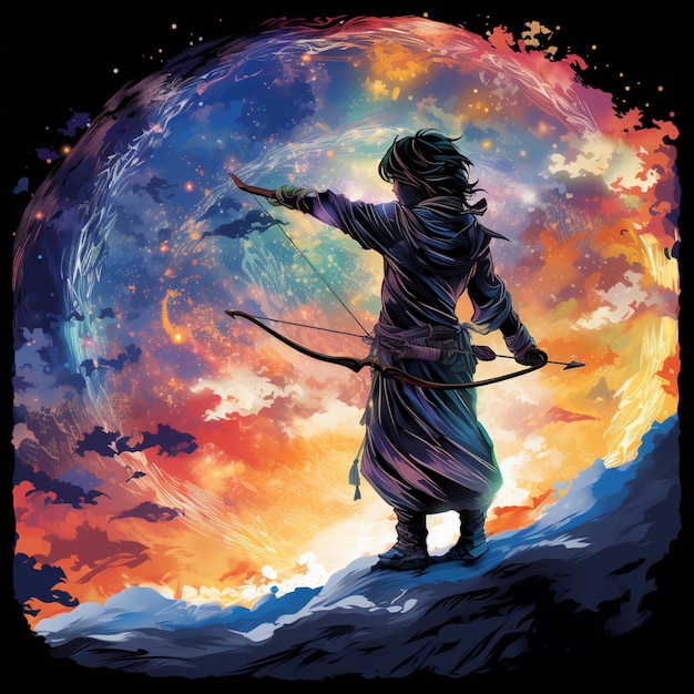 illustration of a man with a bow and arrow in front of a full moon generative ai