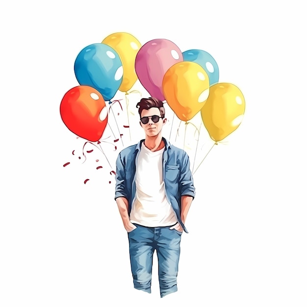 Illustration of a man with colorfull balloons flying in the air simple background clean design