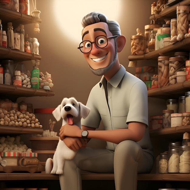 Illustration of a man with a dog in a pet store