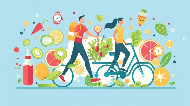 Photo an illustration of a man and a woman exercising and eating healthy foods