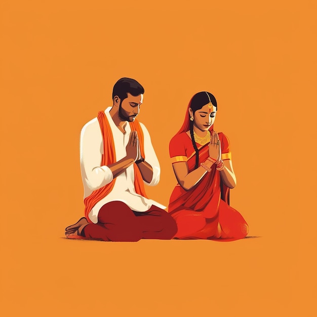 An illustration of a man and woman praying on an orange background.