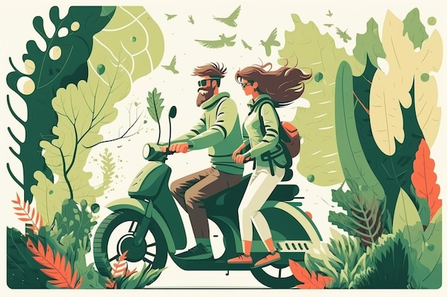 illustration of a man and woman riding a scooter through the jungle generative ai